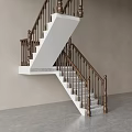 Modern Staircase Design With White Steps And Brown Railings Against Gray Wall