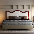 Modern Double Bed With Red Headboard Checkered Blanket Wall Niches And Bedside Lamp