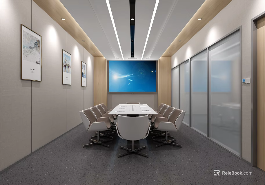 Modern Conference Room With Long Table Chairs Wall Paintings And Large Screen 3d model 