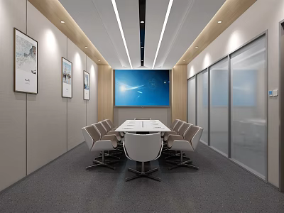 Modern Conference Room With Long Table Chairs Wall Paintings And Large Screen 3d model