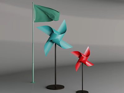 Colorful Electric Toys Windmills Blue Red With Green Flag And Black Bases Of Different Heights 3d model