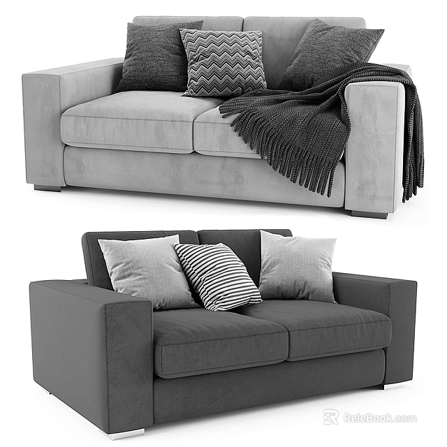 Gray Two-Seater Sofa With Striped Patterned Pillows And Cozy Blanket 3d model