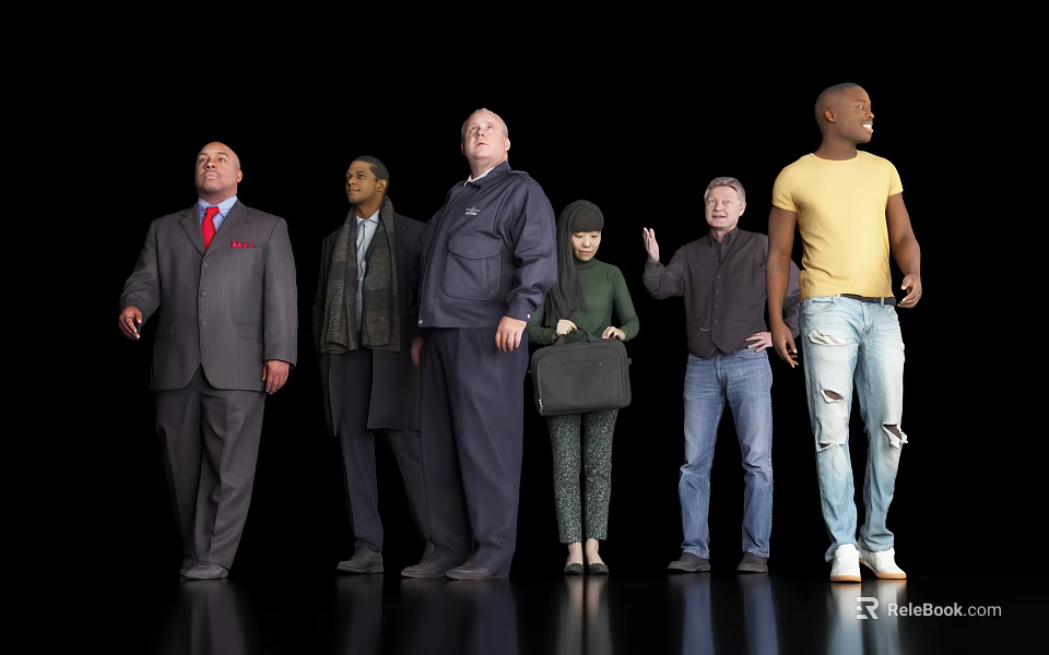 Group of Diverse People Standing Against Black Background With Varied Clothing Styles 3d model 