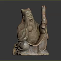 Traditional Man Stone Sculpture in Seated Pose With Bearded Face Holding Long Brownish Red Staff