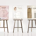 Three Modern Beauty Salon Signboards With Service Menu Price List Metal Stands