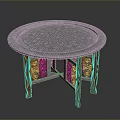 Round Dining Table with Intricate Patterned Tabletop and Elegant Carved Wooden Legs 3d model