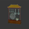 Traditional Chinese Kitchenware Stall With Red Frame Yellow Roof Wooden Cart And Hanging Utensils