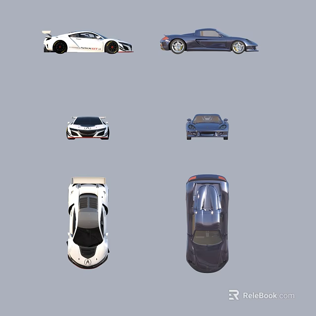 Various Car Models Displayed In Top And Side Views With White And Dark Colors 3d model 