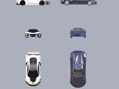 Various Car Models Displayed In Top And Side Views With White And Dark Colors 3d model