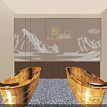 SPA Sauna Lobby Interior With Marble Reception Desk Red Beige Shelves And Green Plant