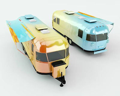 Two Sleek Recreational Vehicles With Metallic Gold And Blue Exteriors And Solar Panels 3d model
