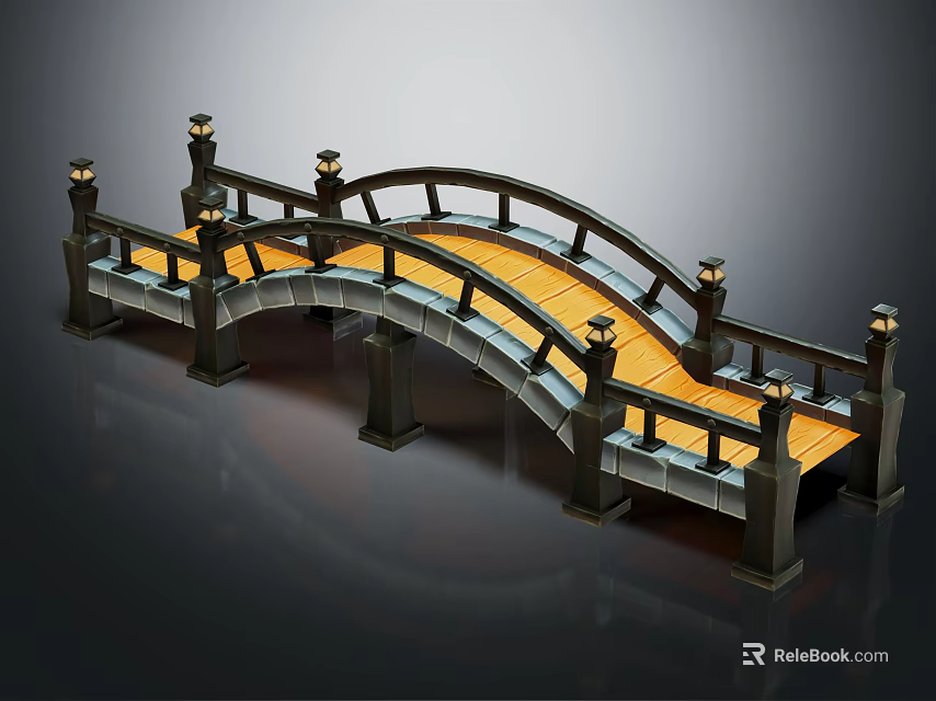 Arched Garden Bridge With Wooden Deck Black Railings And Lamp Posts 3d model 