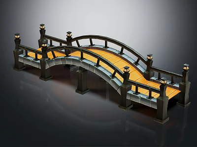 Arched Garden Bridge With Wooden Deck Black Railings And Lamp Posts 3d model