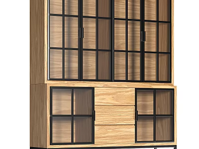 Modern Wooden Bookcase With Black Frame Glass Doors And Drawers Storage Design 3d model