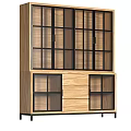 Modern Wooden Bookcase With Black Frame Glass Doors And Drawers Storage Design