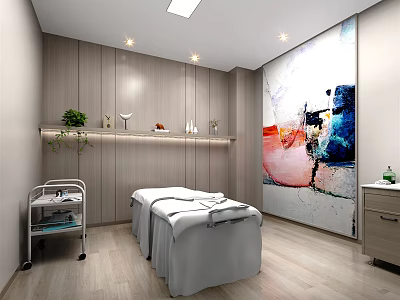 Modern SPA Sauna Room Interior With Massage Bed Abstract Painting And Wooden Cabinets 3d model