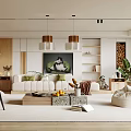 Modern Living Room Interior With Sofa Coffee Table Pendant Lights Plants And Decorative Artwork