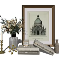 Elegant Decorative Ornament Combination With Framed Painting Flower Bouquet Vase Books And Candle