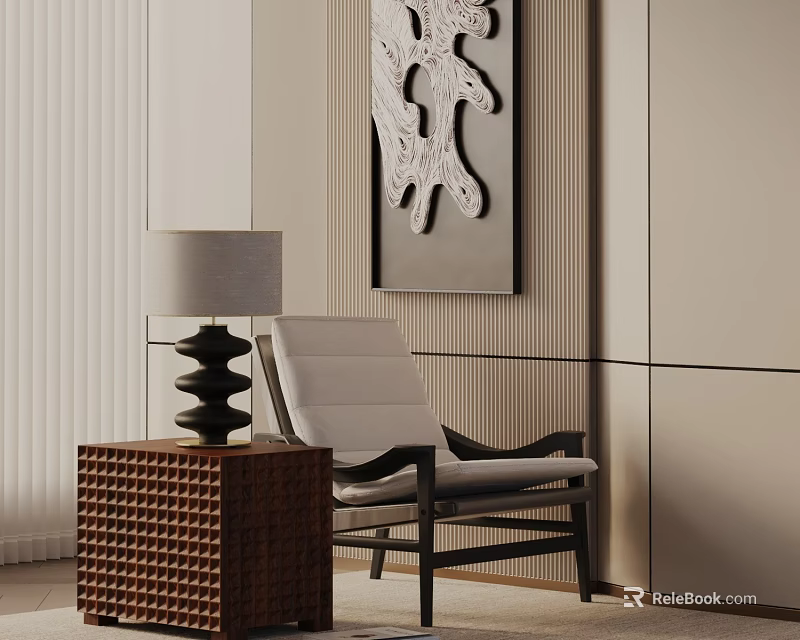 Stylish Lounge Chair with White Cushion Beside Woven Side Table and Modern Lamp 3d model 