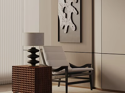 Stylish Lounge Chair with White Cushion Beside Woven Side Table and Modern Lamp 3d model