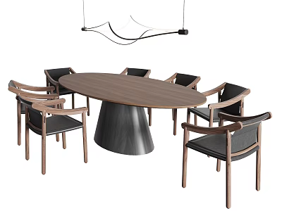 Dark Brown Wooden Oval Table with Black Armchairs Dining Set 3d model