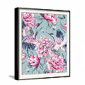 Beautiful Botanical Painting with Pink Peonies and Cranes on Teal Background