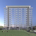 Modern High Rise Residential Building with Night View Lighting and Surrounding Green Plants Environment