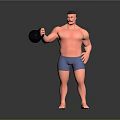 Shirtless Muscular Man In Blue Shorts Holding Black Kettlebell 3D Model On Gray Background