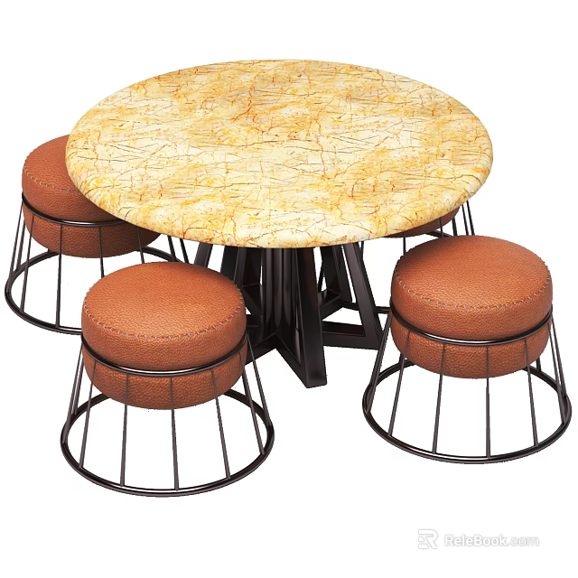 Round Dining Table Set With Marble Top And Brown Metal Frame Stools 3d model
