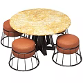 Round Dining Table Set With Marble Top And Brown Metal Frame Stools 3d model