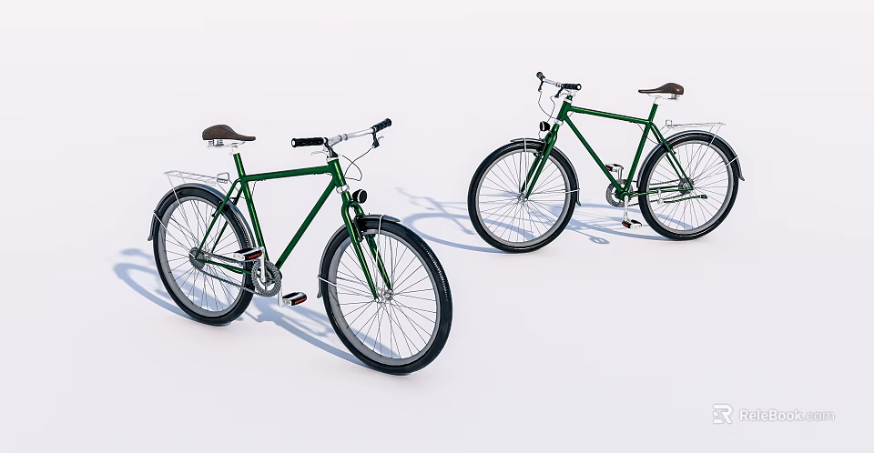 Two Green Classic Bicycles With Vintage Design Brown Seats And Black Tires 3d model 