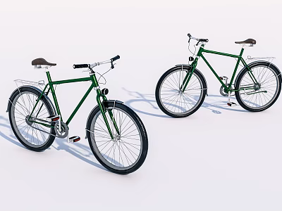 Two Green Classic Bicycles With Vintage Design Brown Seats And Black Tires 3d model