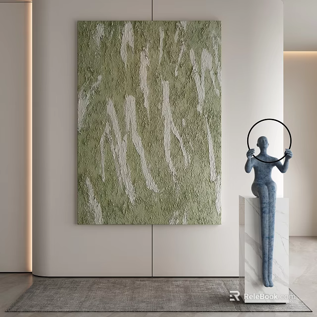 Large Green And White Textured Painting With Blue Sculpture Holding Circular Ring In Modern Interior 3d model 