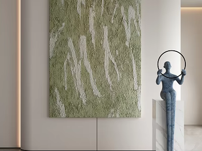 Large Green And White Textured Painting With Blue Sculpture Holding Circular Ring In Modern Interior 3d model