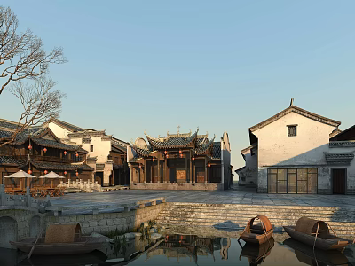 Ancient Buildings With Traditional Roofs Water Area And Wooden Boats 3d model