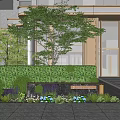 Modern Building Entrance Feature Wall With Green Hedge Trees And Flowers