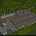 Modern Industrial Factory Buildings Exterior Surrounded By Greenery Parking Lot And Access Road