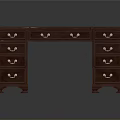 Elegant Dark Brown Wooden Office Desk With Symmetrical Design Metal Handles And Drawers