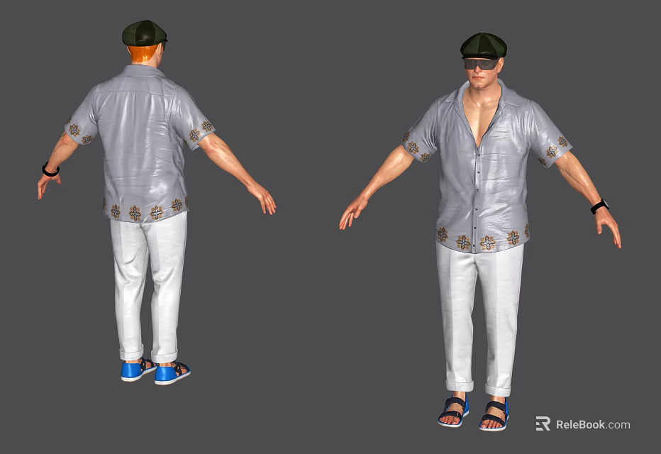 Game Movie Character With Green Cap Orange Hair Grey Shirt Floral Cuffs White Pants Sandals 3d model 