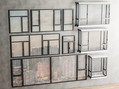 Casement Windows Various Designs And Sizes Mounted On Gray Wall With Cityscape View 3d model