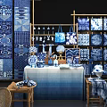 Oriental Art Installation Featuring Blue White Patterns Wooden Frames Screens And Display Shelves