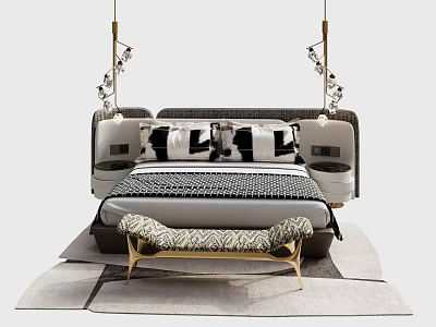 Modern Double Bed With Black White Patterned Pillows Footstool And Pendant Lights 3d model