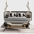 Modern Double Bed With Black White Patterned Pillows Footstool And Pendant Lights 3d model