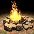 Outdoor Bonfire With Stone Ring And Flaming Fire In Grass Area