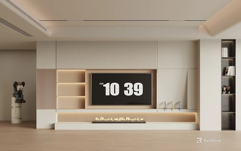 Modern TV Background Wall Design with Wooden Texture LED Strip Lights and Storage Cabinets 3d model 