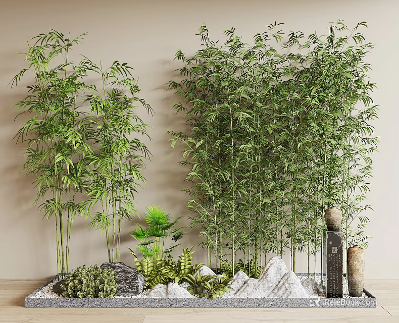 Bamboo In Serene Landscape With Rocks And Decor 3d model 