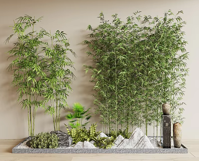 Bamboo In Serene Landscape With Rocks And Decor 3d model
