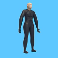 3D Render of Man in Black Tight Suit with Muscular Physique on Blue Background