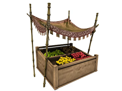 Bamboo Fruit Stand With Cloth Canopy And Wooden Crate Of Fresh Assorted Fruits 3d model
