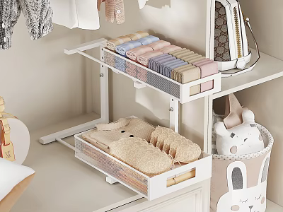 Organized Walk-in Closet Interior With Hanging Clothes Transparent Storage Boxes Layered Shelves And Folded Towels 3d model